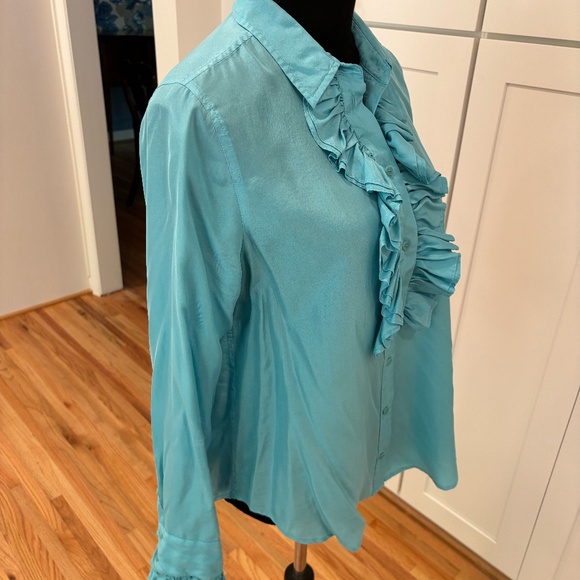 J Crew Collection Silk Blue Button Down Ruffled Blouse, Size 10 - Picture 2 of 9